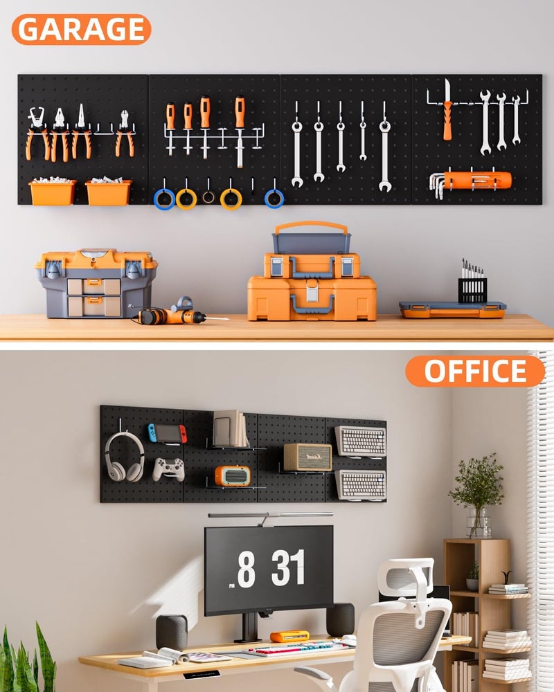 INCLY 4 Pack 12"x12" Black Metal Pegboard Panels, Heavy Duty Pegboard Wall Organizer with Frame, Black Peg Board for Walls, Garage, Workbench, Shed, Kitchen, Craft Room Tool Organization - Image 5